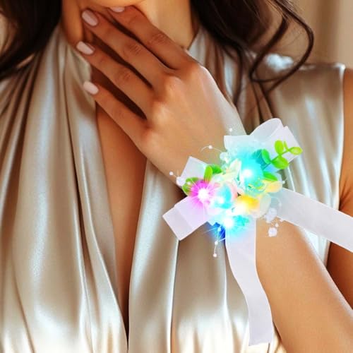 Light Up Bride Wedding Wrist Corsage LED Prom Corsages Bridal Wrist Flower for Women and Girls (Colorful Light)