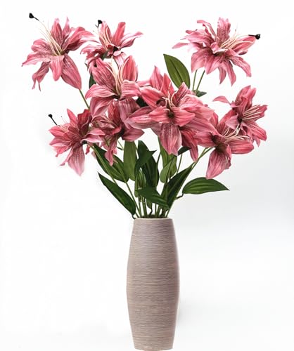 Artificial Lily Flowers, Vintage Silk Flower Long Stems Stargazer Lilies Full Bloom Lily Faux Plant Tiger Bouquets for Home Decor Indoor Hotel Wedding Party Fake Floral Arrangement - Coral Pink 4 Pack - color: Lily Flowers - Red 4 Pcs