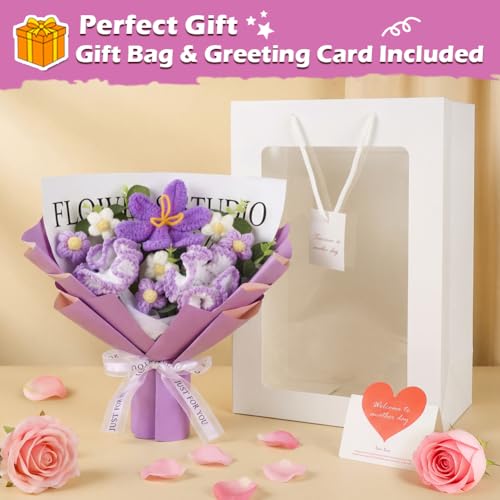 Tenn Well Crochet Flower Bouquet, Crochet Knitted Carnation Gift Artificial Flowers for Mother’s Day, Birthday, Graduation, Anniversary and Home Decor - color: Purple