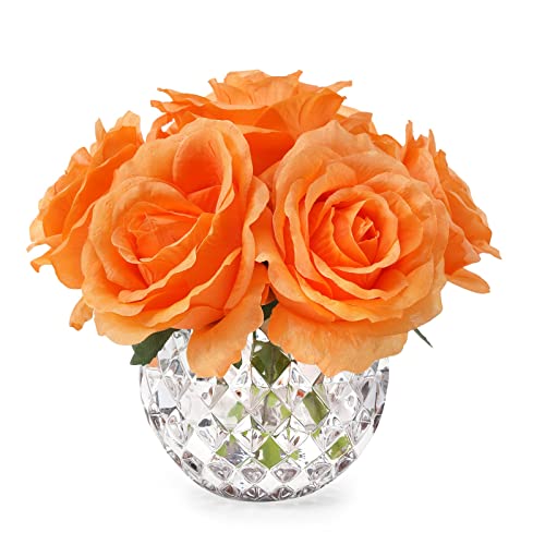 7 Large Stem Orange Rose Artificial Flowers in Vase, Silk Flowers Arrangement in Round Glass Vase Without Water for Home Decor, Wedding Table (Orange) - color: Orange W/O Water