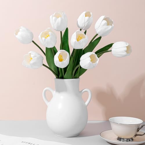 White Fake Tulips,18.5" PU Artificial Tulips Flowers for Spring Easter Home Kitchen Wedding Bouquet Bulk Mother's Gift Day Decorations - color: White