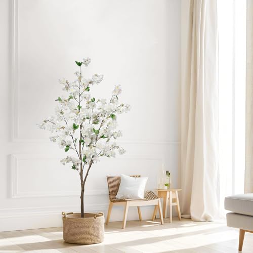 5FT Artificial Cherry Blossom Tree, Faux Sakura Tree in Nursery Pot, Realistic Fake Flower Tree for Indoor Home Decor, Artificial Floor Plant for Living Room, Entryway, Office, Wedding Decoration - color: White, size: 5ft