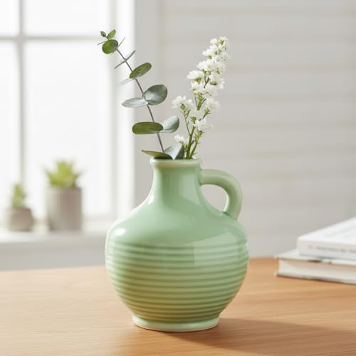 Sunddo Green Ceramic Vase 6 Inch - Small Modern Decorative Vase with 1 Handle for Home Decor, Boho Decor, Room, Bathroom, Living Room, Kitchen, Office - color: Light Green - 6, size: 6 Inch