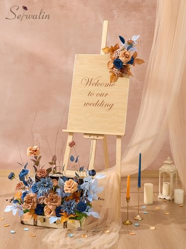 Serwalin Fall Flowers Artificial, Terracotta Orange Rose Silk Flowers with Stems, Navy Blue Dahlia Fake Flowers for Wedding Bridal Baby Shower Party DIY Craft Home Cake Decoration - color: Blue & Orange Terracotta, size: Square