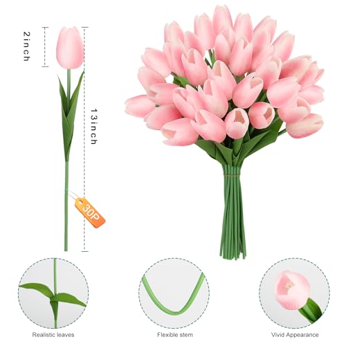 Artificial Tulips Flowers Fake Latex Tulip Stems - 30pcs Real Touch Faux Multicolor Tulips Flower for Easter Spring Wedding Bouquet Centerpiece Floral Arrangement Cemetery Table Decor - color: Pink 01