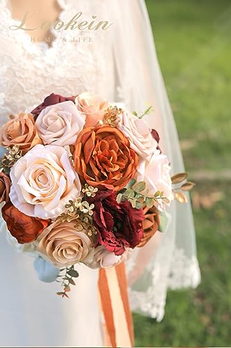 Lookein 10 Inch Wedding Bouquet for Bride Artificial Flowers Birdal Bouquet Bridesmaid Bouquet Tossing Bouquet for Wedding Ceremony Anniversary Bridal Shower, Chic Terracotta - color: 10" Chic Terracotta