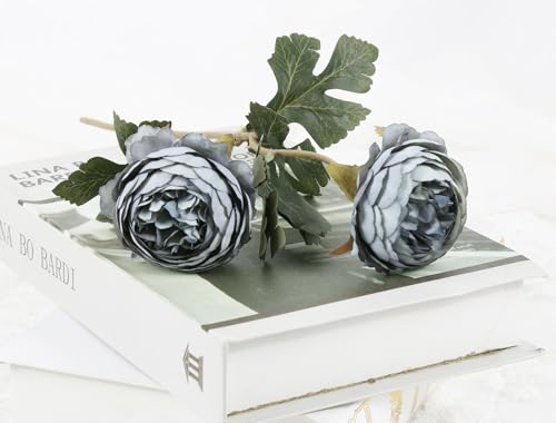 IPOPU 10pcs Dusty Blue Peonies Artificial Flowers Gradient Blue Silk Peonies with Stems Real Touch Fake Peony for Wedding Decoration Bride Bouquet Faux Flowers Floral Arrangement - color: Dusty Blue