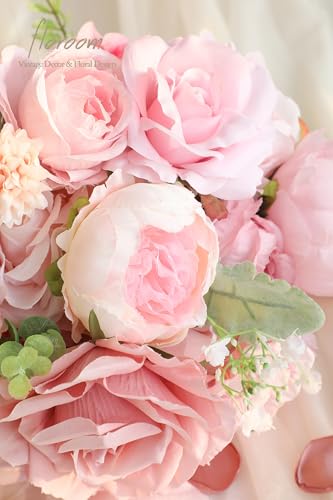Floroom Blush Artificial Flowers Fake Roses Peonies Dahlia and Greenery Combo Box Set for DIY Pink Wedding Bouquets Bridal Shower Centerpieces Floral Arrangements Party Tables Home Decorations - color: Vintage Rose Blush