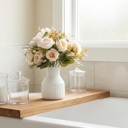 Small 10" Fake Fake Flowers in Vase Silk Roses Artificial Flowers in Ceramic Vase,Faux Flower Plant Arrangement for Home Office Farmhouse Bathroom Dining Table Centerpiece Decorations (White)
