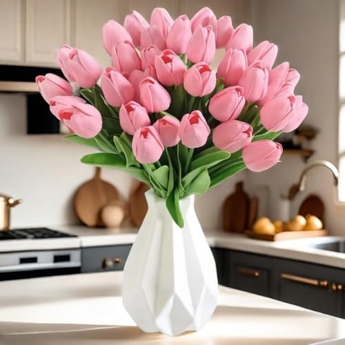 PU Real Touch Tulips Artificial Flowers 30Pcs Fake Flowers Arrangement Bouquet for Home Office Wedding Decoration (Pink) - color: Pink 30pcs