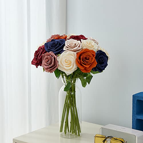 Artificial Navy Blue Flowers Silk Roses Long Stems Fake Bridal Wedding Bouquet for Home Garden Party Floral Decor 15pcs(VASE is NOT Included) - color: Navy Blue