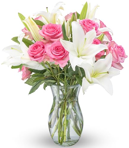 Benchmark Bouquets Oriental Lily & Pink Rose Bouquet – Real Fresh Flowers for Delivery – Mothers Day Flowers for Mom – Long Stem Roses Fragrant Lilies – Gifts for Mom & Mother-in-Law – Vase Included - color: Pink