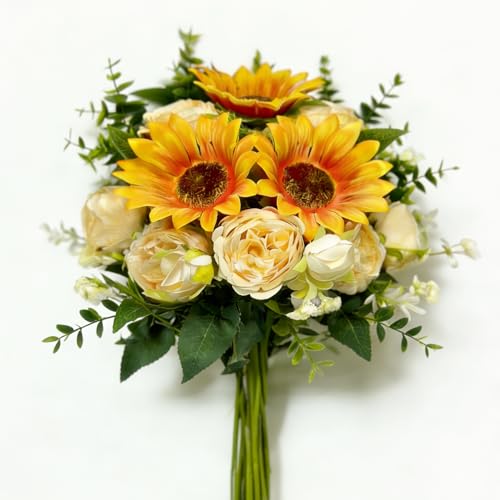Artificial Sunflower Bouquet with Peony Flowers, Silk Sunflowers Realistic Arrangement for Table Centerpieces, Faux Sunflower Decor for Wedding Home Kitchen Office Vase Decoration