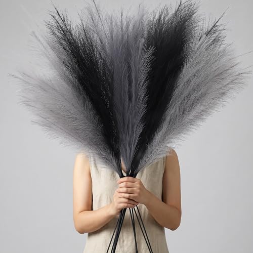 Faux Pampas Grass Decor, 9 PCS 37''/3.1FT Tall Fluffy Black Gray Fake Pompas Floral, Large Artificial Pompous Grass Branches for Floor Vase Fillers, Boho Farmhouse Room Wedding Decor - color: Black Gray