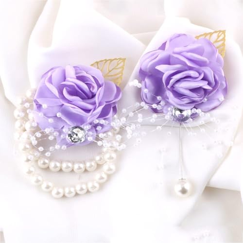 WANLIAN Bridesmaid Wrist Corsage Wedding Flowers Boutonniere Set Prom Dusty Purple Flowers for Groom Bridal Wedding Party Prom Set of 2(Purple) - color: Purple
