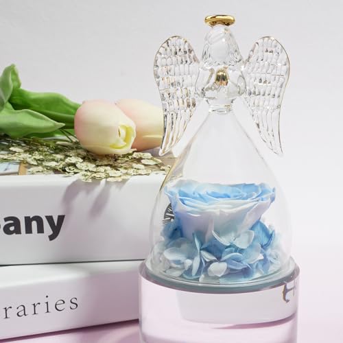 Miofula Gifts for Mom Birthday Gifts for Women, Preserved Flowers Rose in Glass Angel Figurines, Fresh Flowers for Delivery Anniversary Forever Real Roses Gifts for Mothers Grandma Her Wife Girlfriend - color: White+blue