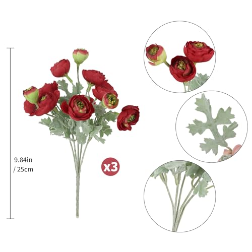 3 Bundles Mini Red Peonies Artificial Flowers,9.84" Red Silk Faux Ranunculus Flower, Artificial Peonies with Stems for Farmhouse Home Office Dining Table Wedding Spring Centerpiece Decor - color: Red Green