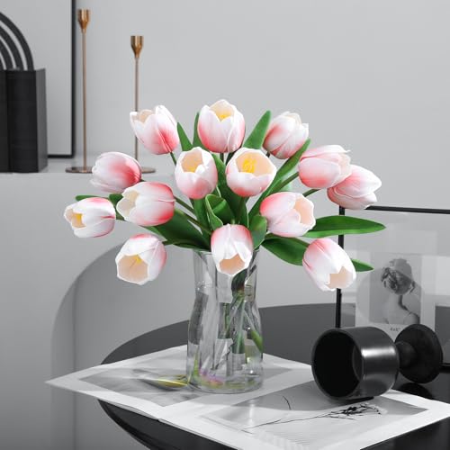 Light Pink Artificial Tulips, 2 Bundles 14Pcs, Fake Tulips Artificial Flowers, 2 x 2.4 Inch Large Flower Head Big Tulip, Easter Valentine's Day Mother's Day Home Decoration Flowers - color: Light Pink