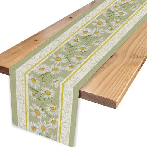 Daisy Table Runner, Rustic Spring Summer White Green Floral Flower Boho Vintage Seasonal Coffee Table Center Decor for Family Outdoor Farmhouse Holiday Party Table Decorations, 13"x36" - color: Daisy-3, size: 13“ X 36"