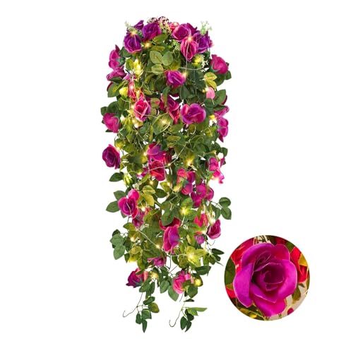 RECUTMS Artificial Hanging Rose Flower Plants, 2PCS 37 Inch Fake Purple Silk Floral Ivy Garlands with 30 LED Fairy String Lights for Home Room Garden Easter Graduation Arrangement Indoor Outdoor Decor - color: Purple, size: 2 pcs light