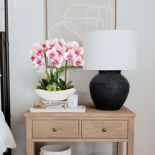 Briful Pink Orchid Artificial Flowers 18in Fake Orchid Silk Flowers with Ceramic Pot Faux Orchid Arrangement for Home Office Room Table Shelf Modern Decoration - color: Pink White
