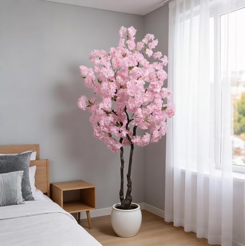 Faux Cherry Blossoms Tree Pink 6FT Artificial Cherry Blossom Tree Beautiful Flowering Trees for Home Christmas New Year Decor - color: Pink-ap26