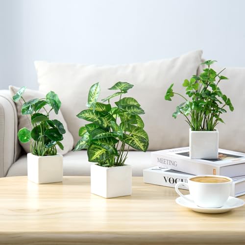 MyGift Set of 3 Artificial Plants, Faux Potted Plants Indoor, Small Fake House Plant in White Square Ceramic Pots for Shelf Decor - color: White