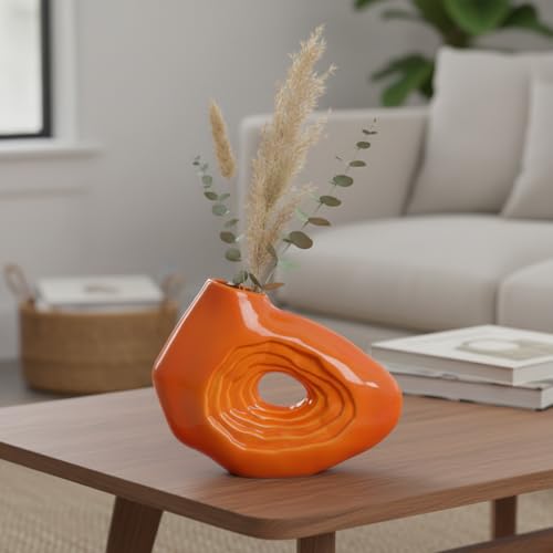 Sunddo Orange Ceramic Vase for Home Decor, 7 Inch Small Donut Flower Vases for Decor, Modern Decorative Vase, Centerpiece, Shelf, Table, Bookshelf, Entryway Decoration - color: Orange, size: 7 inch