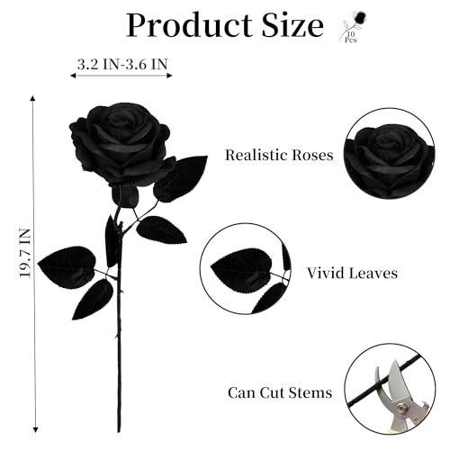 10 Pcs Black Rose Artificial Flower, Faux Silk Flowers With Long Stems, Fake Roses Bulk Bouquet for Decoration Valentine's Day Centerpieces Proposal Bridal Bouquets Shower Party Home Floral Decor - color: Black