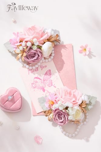 Rose Pink Wrist Corsage for Wedding Prom, Handmade Artificial Flower Corsage Bracelets for Bride,Bridesmaid,Mother,Porm Corsage for Homecoming,Party Anniversary(Set of 2) - color: Pink, size: 2 Wrist Corsages