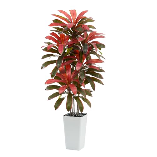 Artificial Dracaena Tree：6FT Faux Silk Tropical Yucca Floor Trees Realistic Fake Green Plant with Natural Wood Trunk & Lifelike Leaves for Home Office Decor Indoor & Outdoor (6FT,1-Pack,White) - color: Burgundy – White Pot, size: 6FT