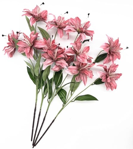 Artificial Lily Flowers Fake Vintage Lilies Silk Flower Realistic Plastic Stems Faux Plants for Indoor Outdoor Decor Pot Vase Floral Arrangement Wedding Party Bouquet DIY Decoration - Coral Red 4 Pack - color: Silk Flowers / Coral Red / 4 Pack