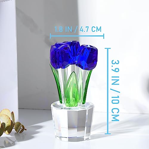 Qianwei Crystal Tulips Flowers Figurine Blue with Vase - Glass Flower Bouquet Collectible Figurines Crystal Office Home Decor Paperweight - Tulip Gifts for Women Mom Bestfriend Wedding Anniversary - color: Blue Tulip