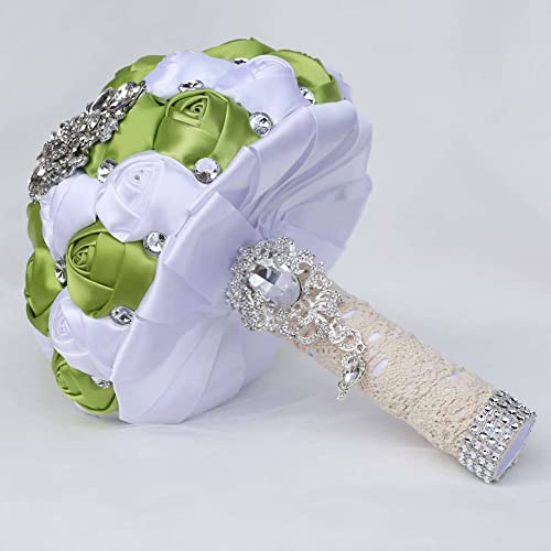 XINNI Handmade Bridal Wedding Bouquet Bride Bridesmaid Satin Rose Flower Bouquet with Meteor Shower Shape Rhinestone Wedding Decoration (Green+White) - color: Green+white