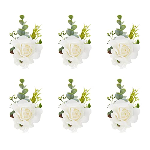 White Ivory Rose Wrist Corsage, Set of 6, Wedding Bridal Flower Corsage Hand Decor for Prom Party Homecoming, Wristband Flowers Bride, Bridesmaid, Girl - color: White#2 Wrist Corsage ( Set of 6)