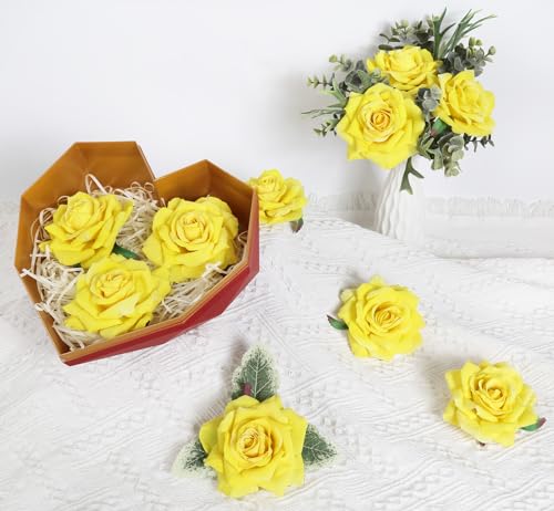 Artificial Flowers - 16pcs Yellow Fake Roses, 4.3" Velvet Roses for Wedding Bouquet, Home Party & Garden Decorations - color: 4.3" Yellow
