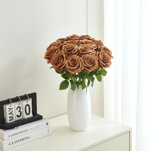 15pcs Fake Roses Artificial Silk Flowers Faux Rose Flower Long Stems Bouquet for Arrangement Wedding Centerpiece Party Home Kitchen Decor - color: 15pcs Coffee