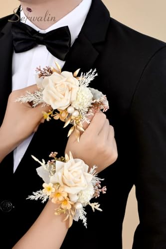 Serwalin 2 Pcs Wrist Corsage and Boutonniere Set, 6-7 Inch Champagne Corsage for Wedding, Boutonniere for Men Corsage Wristlet Prom Ceremony Anniversary Accessories Suit - color: A Champagne, size: 1 Boutonniere & 1 Wrist Corsage-2pcs