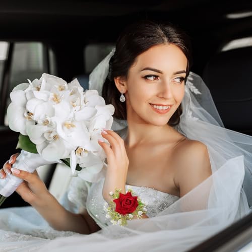 Tucnoeu 2pcs Artificial Red Rose Boutonniere and Corsage Set Corsage Wristlet Band for Prom Decor Wedding Party Flower Accessories - color: Rose Red