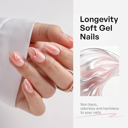 32Pcs Soft Gel Press on Nails for Women, Pink Aura, Short Almond | Metal Chrome Line Art False Fake Nails Press Ons for Office Daily Wear, Salon Quality Reusable Glue & Stick on Nail Gift Kit - color: 3H-Pink Aura