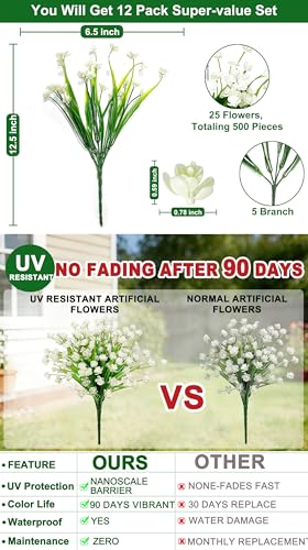 12 Bundles Artificial Flowers for Outdoors Summer Decor, Realistic UV Resistant Fake Plants Faux Plastic Flowers for Outside Planter Home Gardens Patio Porch Yards Spring Cemetery Decor(White) - color: White, size: 12 Bundles