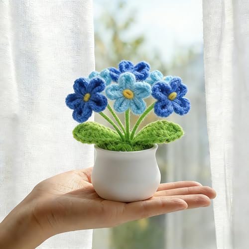 LAIDANLA Crochet Flowers Forget Me Not Gradient Blue Handmade Anniversary Graduation Appreciation Birthday Small Gifts for Women Crochet Flower Potted Plant for Desk Accessories - color: Ombre Blue