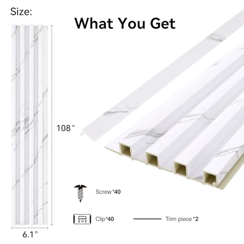 8-Pack WPC Wall Panels 108’’ x 6.1’’ 3D Slat Wall Panel Acoustic Wall Paneling for Interior Wall Decor TV Background Kitchen Bedroom Marble White