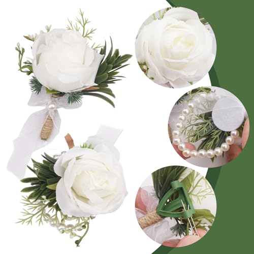 2Pcs White Rose Corsage Wristlet and Boutonniere for Men Set - Perfect For Prom Decorations Weddings Party Suit Flower Accessories - color: White Rose