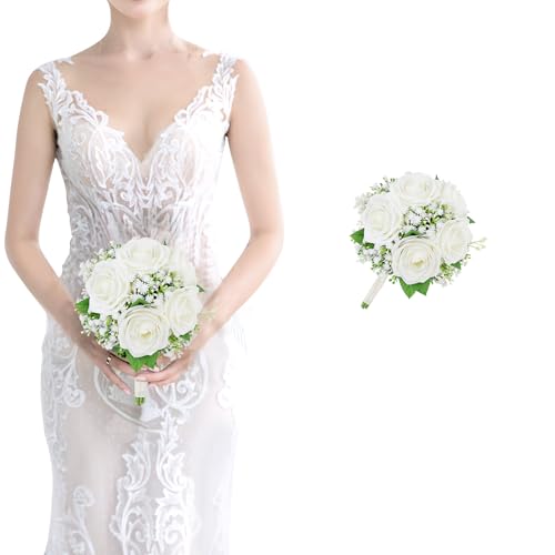 Small Bridesmaid Bouquet for Wedding - Pre-Made Artificial Flower Bouquet for Bridesmaid Silk Rose Babys Breath Bridal Bouquets for Vintage Country Boho Wedding Decorations -7 inch - color: Ivory, size: Set of 1 Bridesmaid Bouquets