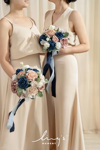 Ling's moment Navy Blue Bridesmaid Bouquets Set of 4, Dusty Rose Artificial Wedding Flower Bouquets Floral Bouquet Bridesmaid Bouquets with Ribbon, Ceremony,Anniversary,7-inch Diameter - color: Pk-dusty Rose & Navy