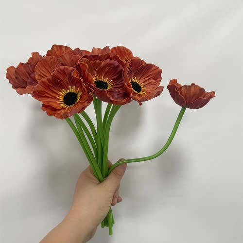 Rikyo 10 Stem 11inch Bouquets Artificial Flowers Poppy Flowers,Faux Anemone PU Fake Wild Flowers for Kitchen Table Centerpiece Vase,Home Wedding Holding Flowers Backdrop Arch Wall (Brown) - color: Brown