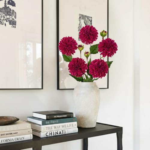 Hollyone Purple-Pink Dahlia Artificial Flowers 5Pcs Fake Dahlia Flowers for Decoration Silk Flower with Long Stem 17" Floral Arrangements Bouquets Indoors Outdoors Faux Dahlias Centerpieces Home Decor - color: Purple-pink