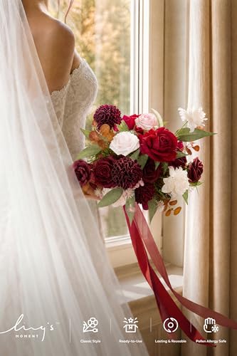 Ling's moment Powder Pink and Burgundy Wedding Bouquets for Bride, Red Bridal Bouquets for Bride, 13 Inch Free Form Artificial Wedding Flower Bouquet - color: Red-powder Pink & Burgundy, size: Small 13 Inch