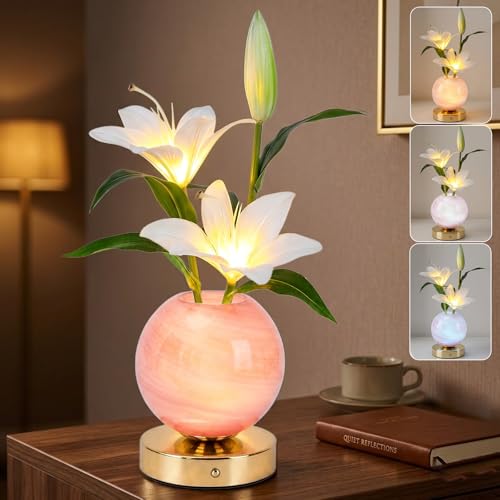 Lily Table Lamp, 3 Color Planet Night Light, Rechargeable Cordless Touch Dimming Artificial Flower Light, LED Flower Bedside Lamp Romantic Gifts for Girl Women Mom (White Lily - Pink Vase) - color: White Lily - Pink Vase